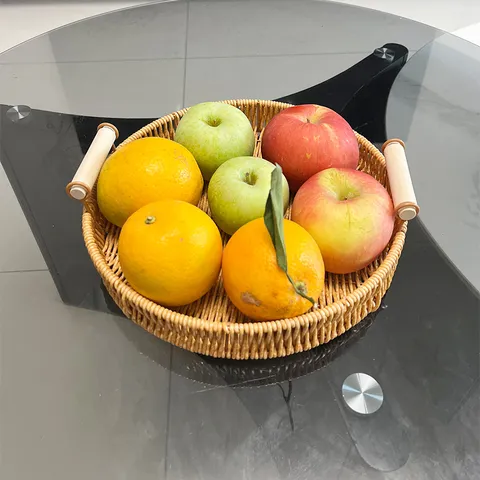 Imitation Rattan Woven Bread Basket Japanese Style Plastic Storage Tray With Wood Handle Fruit Organizer For Home