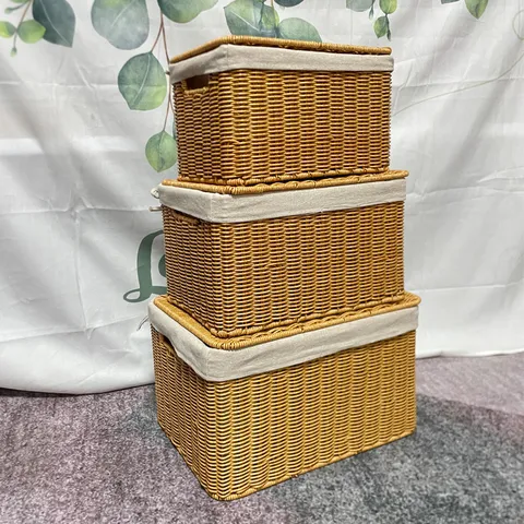 Handmade Imitation Rattan Storage Basket With Lid Fabric Lining Woven Laundry Basket Toy Books Organizer Home Storage