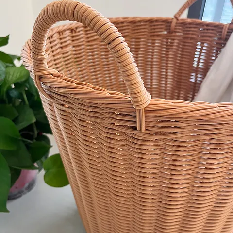 Imitation Rattan Plastic Laundry Hamper Woven Storage Basket with Handles for Living Room Bedroom Household Organizer