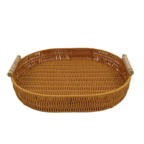 Imitation Rattan Woven Storage Basket Fruit Tray Bread Plate Desktop Organizer with Wood Handles for Living Room Kitchen