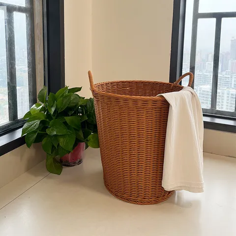 Imitation Rattan Plastic Laundry Hamper Woven Storage Basket with Handles for Living Room Bedroom Household Organizer