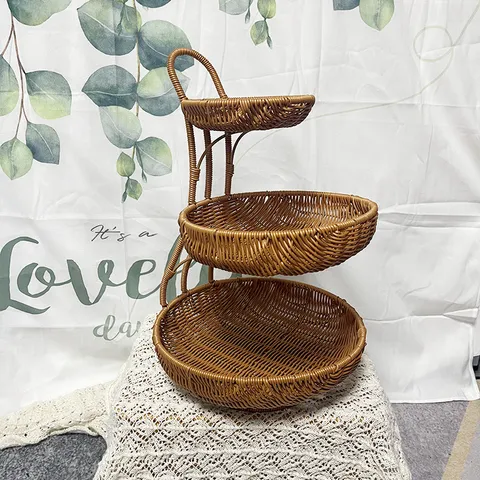 Retro Imitation Rattan Woven Multilayer Fruit Basket Kitchen Restaurant Hotel Snack Storage Basket Desktop Organizer