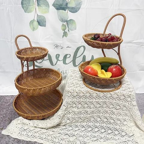 Retro Imitation Rattan Woven Multilayer Fruit Basket Kitchen Restaurant Hotel Snack Storage Basket Desktop Organizer