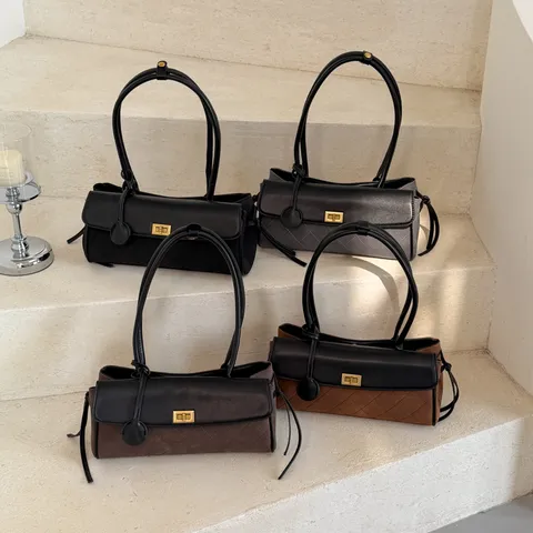 Women Vintage Diamond Lattice Underarm Bag PU Leather Patchwork Shoulder Baguette Bag With Metal Lock Commuting Fashion Bag