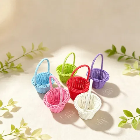 Mini Woven Storage Basket Pastoral Style PP Plastic Handheld Flower Basket Desktop Sundries Organizer Home Decor