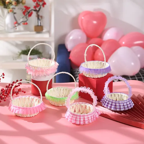 Mini Wedding Woven Flower Basket Lace Trim Handheld Storage Basket Candy Organizer Gift Storage Container