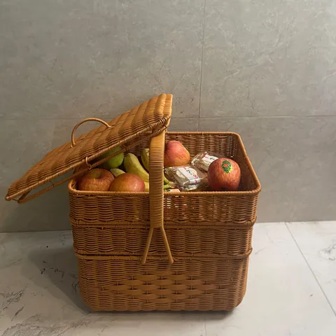 Household Outdoor Large Capacity Rectangular Three Layer Picnic Basket Hand Woven Plastic Storage Basket With Lid