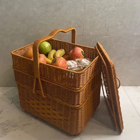 Household Outdoor Large Capacity Rectangular Three Layer Picnic Basket Hand Woven Plastic Storage Basket With Lid