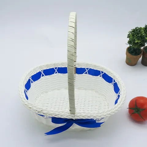 Woven Storage Basket Plastic Flower Basket Decorative Basket with Ribbon Bowknot for Home Organization Gift Packaging