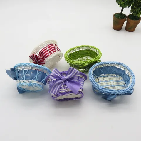 Panier de Rangement Tissé en Plastique Organisateur de Divers Articles de Bureau Conteneur à Collation Avec Nœud Décoration de Maison