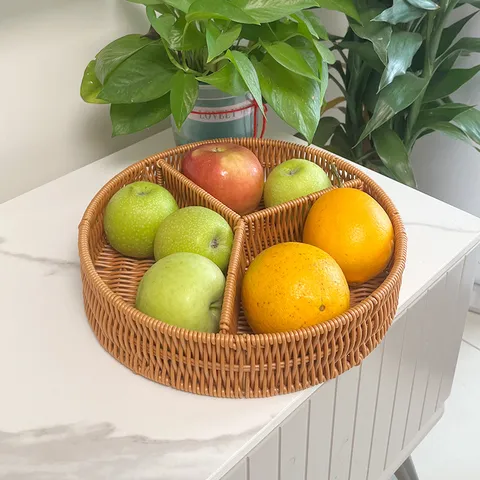 Imitation Rattan Woven Fruit Basket Compartmentalized Storage Basket Household Plastic Bread Snack Sundries Organizer Tray