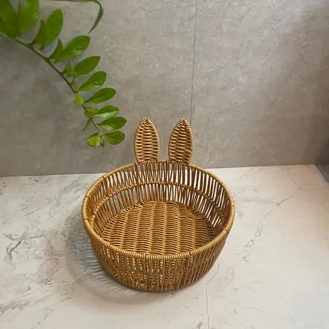 Woven Fruit Basket Cute Rabbit Ear Storage Basket PP Imitation Rattan Snack Sundries Organizer Desktop Home Decorative Tray