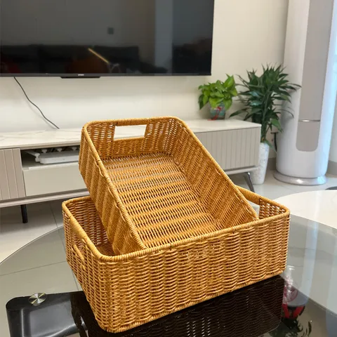 Handmade Imitation Rattan Storage Basket Rectangular Plastic Woven Organizer With Double Ears For Cosmetics Toys Snacks