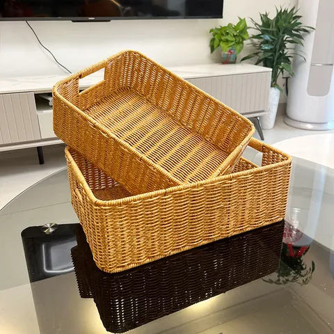 Imitation Rattan Storage Basket Rectangular Woven Organizer Box With Handles For Living Room Desktop Snack Sundries