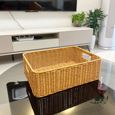 Imitation Rattan Storage Basket Rectangular Woven Organizer Box With Handles For Living Room Desktop Snack Sundries