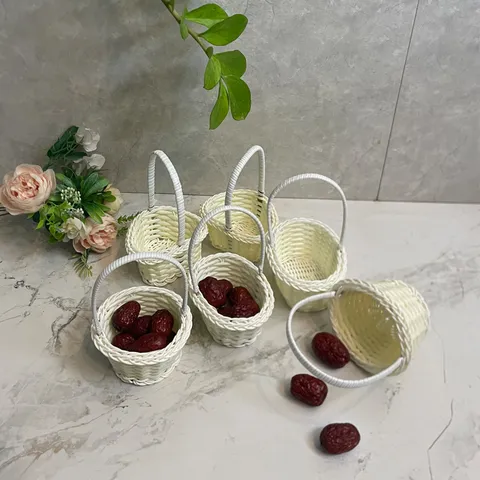 Mini Plastic Woven Rattan Small Flower Basket Desktop Storage Basket White Tabletop Ornament Home Decor