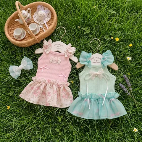 Summer New Dopamine Style Pet Dress Cute Dog Cat Vest Floral Ruffle Mesh Skirt Princess Apparel Small Puppy Clothes