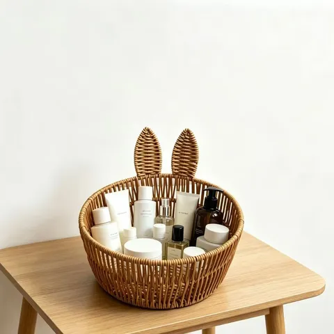 Woven Fruit Basket Cute Rabbit Ear Storage Basket PP Imitation Rattan Snack Sundries Organizer Desktop Home Decorative Tray