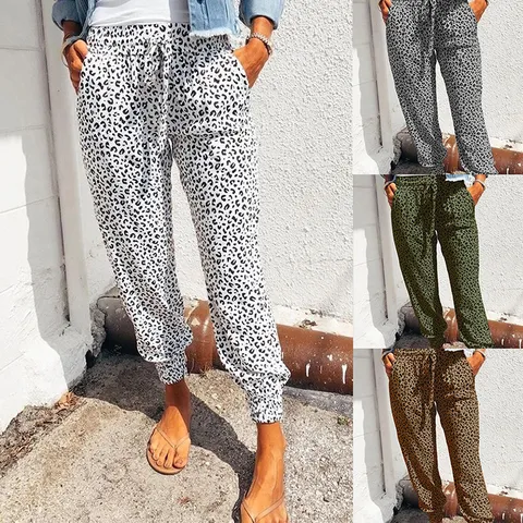 Women's Casual Loose Leopard Print Jogger Pants High Waist Drawstring Sweatpants Cotton Blend Fashion Trousers