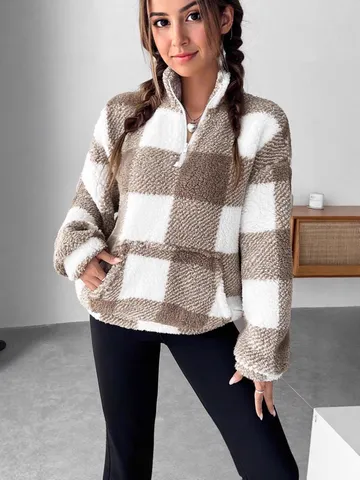 Women's Casual Plaid Half Zip Long Sleeve Plush Hoodie Winter Warm Loose Sherpa Pullover Sweatshirt Pocket Fashion Streetwear