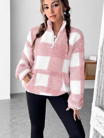 Women's Casual Plaid Half Zip Long Sleeve Plush Hoodie Winter Warm Loose Sherpa Pullover Sweatshirt Pocket Fashion Streetwear