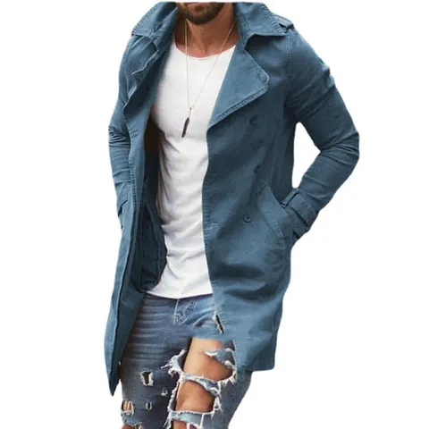 Men's Slim Fit Trench Coat Casual Long Sleeve Lapel Double Breasted Jacket Business Spring Outerwear