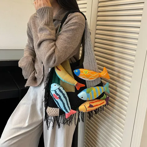 Women Casual Knit Shoulder Tote Bag Color Block Woven Slouchy Commuting Handbag With 3D Doll Tassel Ornament Everyday Travel