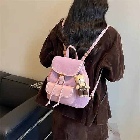 Women Casual Canvas PU Leather Spliced Leopard Print Backpack Flap Closure Lightweight School Travel Shoulder Bag For Youth
