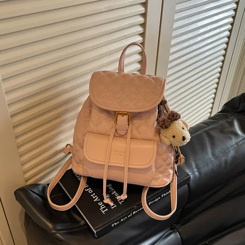 Casual Vintage PU Leather Quilted Backpack For Women Flap Drawstring Lightweight Rucksack Travel School Top Handle Bag
