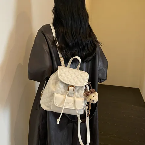 Casual Vintage PU Leather Quilted Backpack For Women Flap Drawstring Lightweight Rucksack Travel School Top Handle Bag