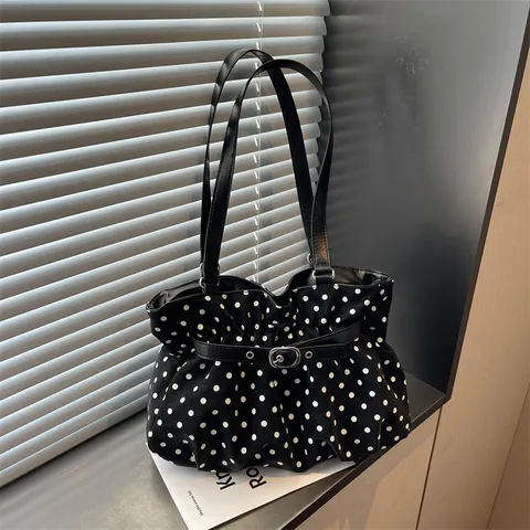 Bolso Axilar Plisado de Lunares de Gran Capacidad Estilo Coreano para Mujer Bolso de Mano de Franela de Hombro Chic Slouchy Handbag