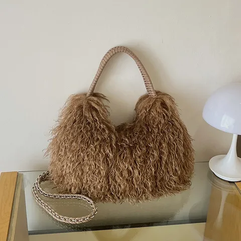 Trendige Damen Plüsch Schultertasche Einfarbig Lässige Handtasche Umhängetasche Mit Reißverschluss Weiche Flauschige Pendlertasche