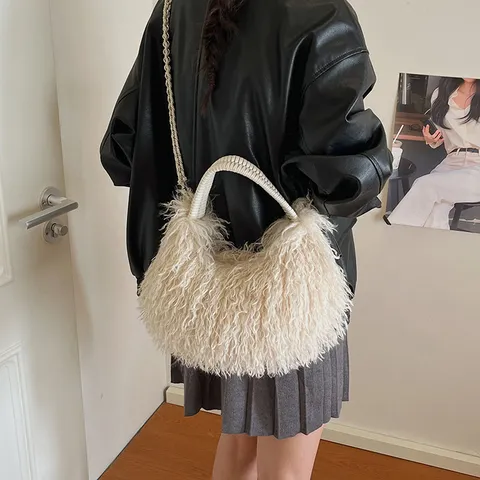 Trendige Damen Plüsch Schultertasche Einfarbig Lässige Handtasche Umhängetasche Mit Reißverschluss Weiche Flauschige Pendlertasche