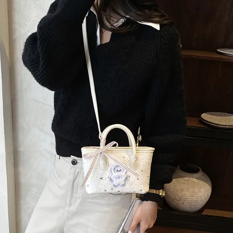 Women's Star Print Mini Crossbody Bag Cute Bear Ribbon Bow Handbag Sweet PU Leather Small Shoulder Bag Casual Phone Bag