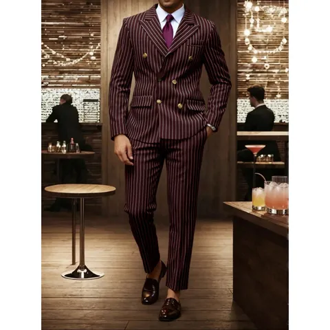 Men's Business Suit Set Double Breasted Pinstripe Blazer and Trousers Formal Wedding Party Top And Bottom