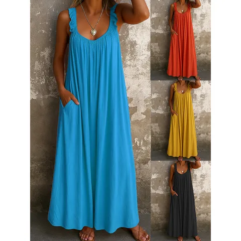 Women Casual Solid Color U-Neck Sleeveless Pleated Long Dress Loose Fit Slip Dress Vacation Daily Wear Fashion Apparel