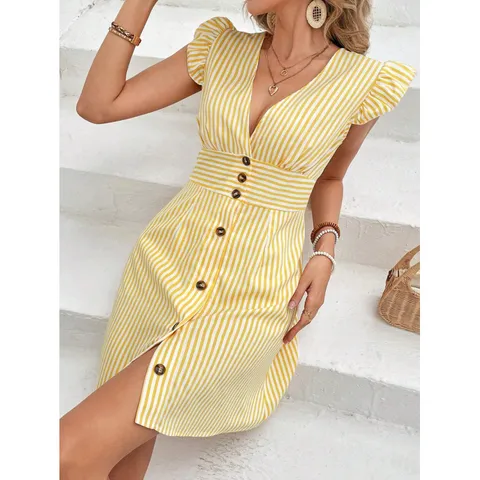 Women Summer Striped V-Neck Flutter Sleeve Single-Breasted High Waist A-Line Mini Dress Casual Elegant Dress