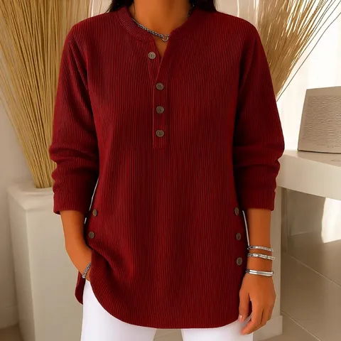Damen Casual Kord V-Ausschnitt Knopf Langarm Bluse Lockere Passform Einfarbig Tägliche Pendler Herbst Winter Top