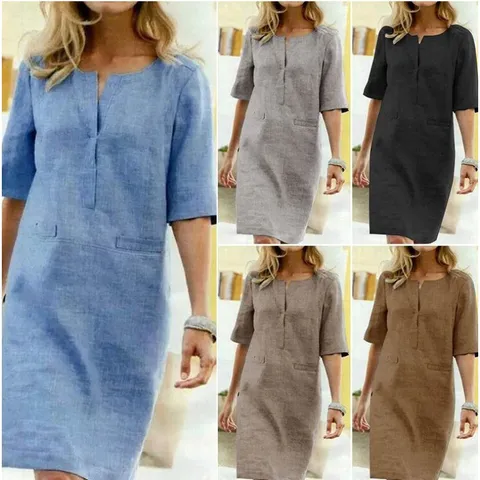 Women's Casual Short Sleeve V-Neck Cotton Blend Midi Dress Solid Color Loose A-Line Summer Daily Commuter Dress