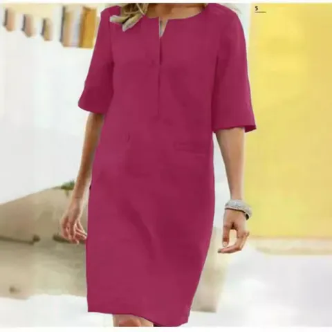 Women's Casual Short Sleeve V-Neck Cotton Blend Midi Dress Solid Color Loose A-Line Summer Daily Commuter Dress