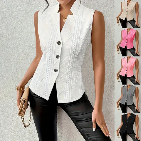 Gilet en Tricot Casual Col V Simple Boutonnage pour Femmes Mode Commuter Slim Sans Manches Top