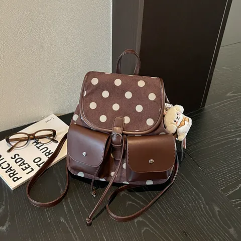 Korean Style Polka Dot Backpack For Women Large Capacity Fashion Casual School Bag PU Leather Commuter Shoulder Bag