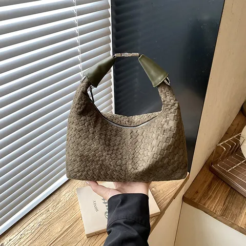 Sac à Main en Cuir PU Tissé Texture Niche Française pour Femmes Sac Seau Porté Épaule Bandoulière Moyen Vintage