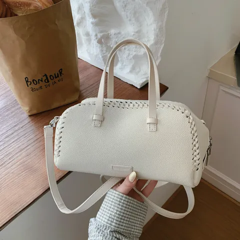 Vrouwen Retro Boston Tas Contrast Kleur PU Leer Schouder Crossbody Tas Met Gevlochten Detail Kleine Handtas Daily Purse