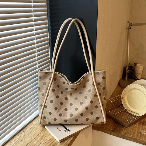 Sac Cabas Vintage en Cuir PU Imprimé à Pois Grande Capacité Sac à Main Épaule Fermoir Magnétique Navette Quotidienne Grand Sac pour Femmes