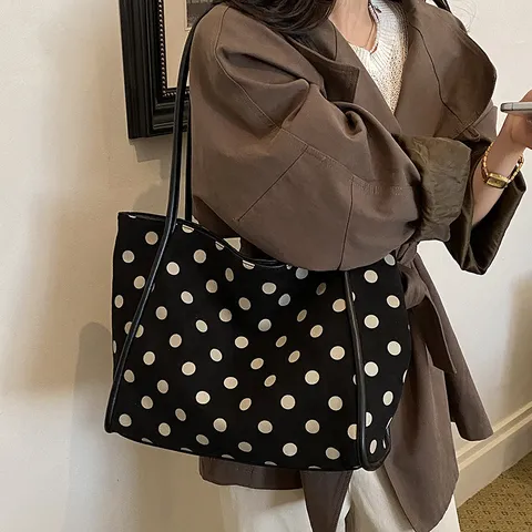 Sac Cabas Vintage en Cuir PU Imprimé à Pois Grande Capacité Sac à Main Épaule Fermoir Magnétique Navette Quotidienne Grand Sac pour Femmes