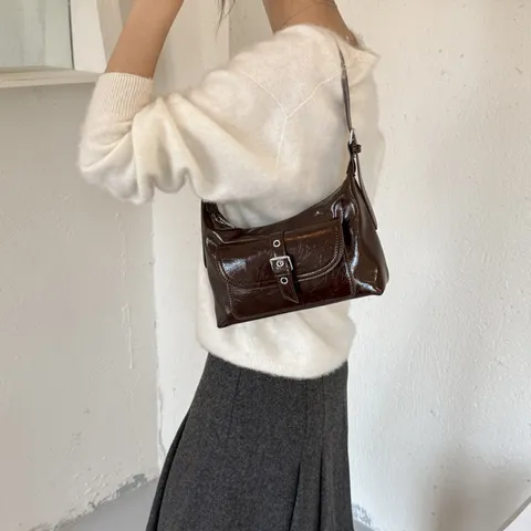 Korean Trendy Vintage Underarm Bag For Women Glossy PU Leather Shoulder Bag With Front Pocket Metal Buckle Commuter Handbag Elegant Bag