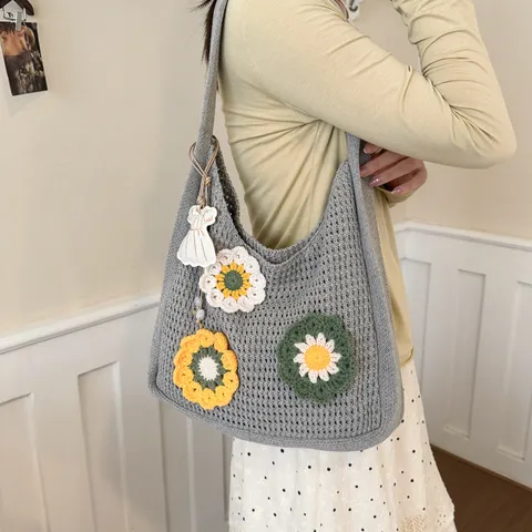 Korean Style Hollow Knitted Flower Tote Bag Large Capacity Summer Vacation Shoulder Handbag For Women Lightweight Crochet Purse
