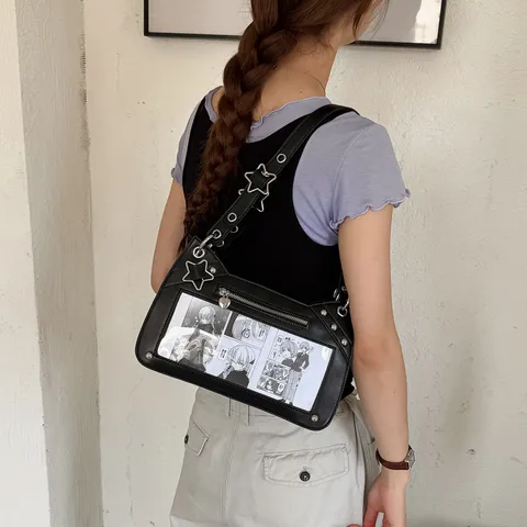 Japanischer Stil PU-Leder Ita Tasche Für Damen Transparentes Fenster Plissiert Schultertasche Süß Sternanhänger Achseltasche