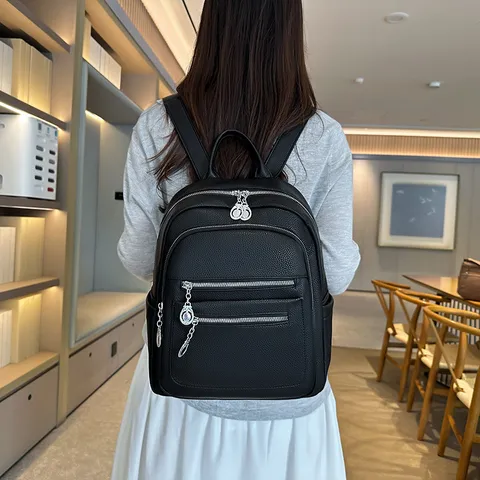Women's Large Capacity Backpack PU Leather Casual Daypack Lightweight Travel School Bag Multi-Pocket Commuter Bookbag